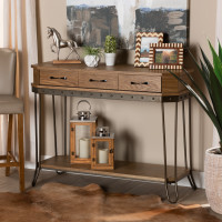 Baxton Studio JY20A066-Oak-Console Kellyn Vintage Rustic Industrial Oak Brown Finished Wood and Black Finished Metal 3-Drawer Console Table 